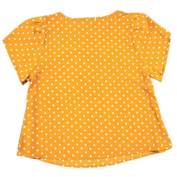 Women's Plus 2X Yellow Polka Dot Flutter Sleeve Blouse - Round Tiered Neckline - Picture 8 of 12